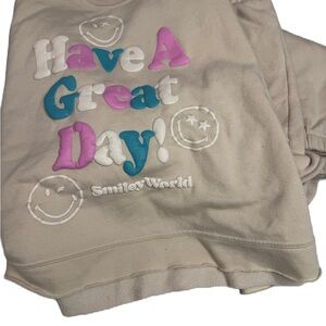SmileyWorld Beige Graphic Sweatshirt & Pants Sz XL casual neutral cozy emoji fun